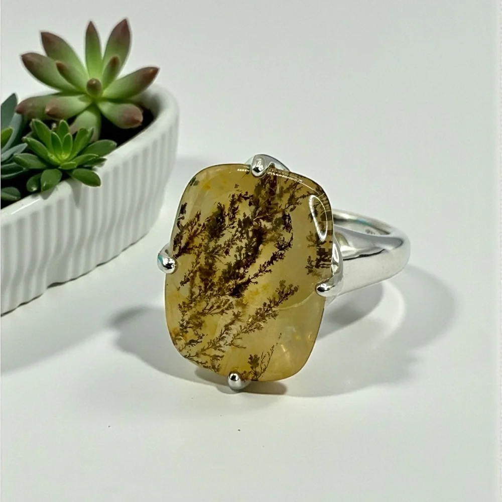 Sterling Silver Moss Agate Ring Size 8 Dendritic Gemstone Nature Inspired 4.3 gr - Picture 3 of 16